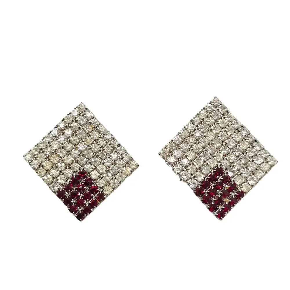 Art Deco Style Red Clear Crystal Geometric Square Earrings Silver Tone Vintage